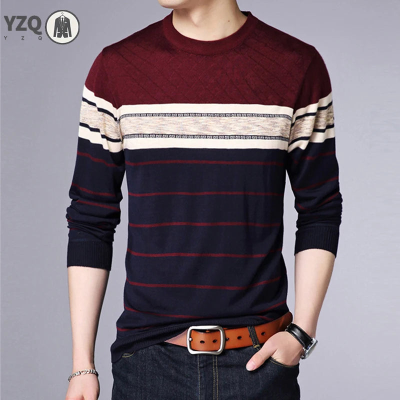 Men's Casual Striped Knit Spring and Autumn Long Sleeved Pullover Fashion Top-Style Heaven