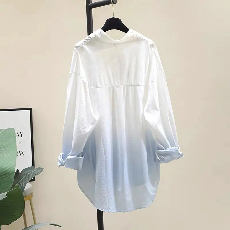 100% Pure Cotton Gradient Long Sleeved Shirt Spring Autumn New Casual Loose Loose Blouse Tops Commuting Trendy Clothes for Women-Style Heaven