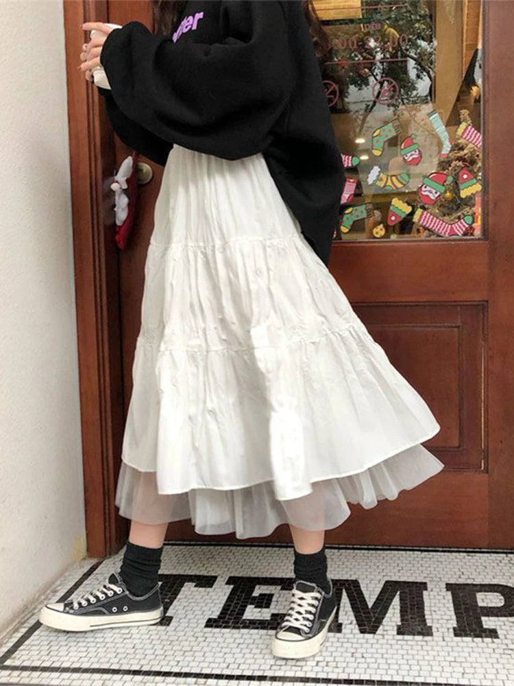 Long Tulle Midi Skirts Womens 2024 Autumn Elastic High Waist Mesh Tutu Pleated Skirts Female Black White Long Skirt Streetwear