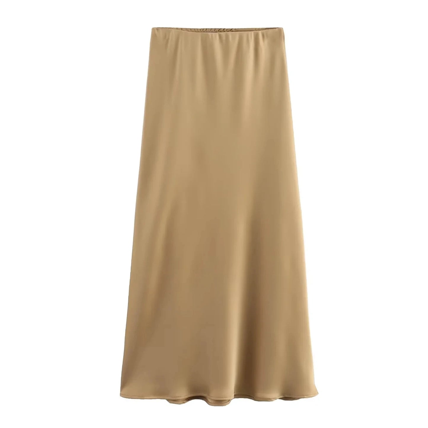 Women's Fashion Flowing Satin Midi Skirt Women Vintage Elastic High Waist Flared hem High Street Female Skirt