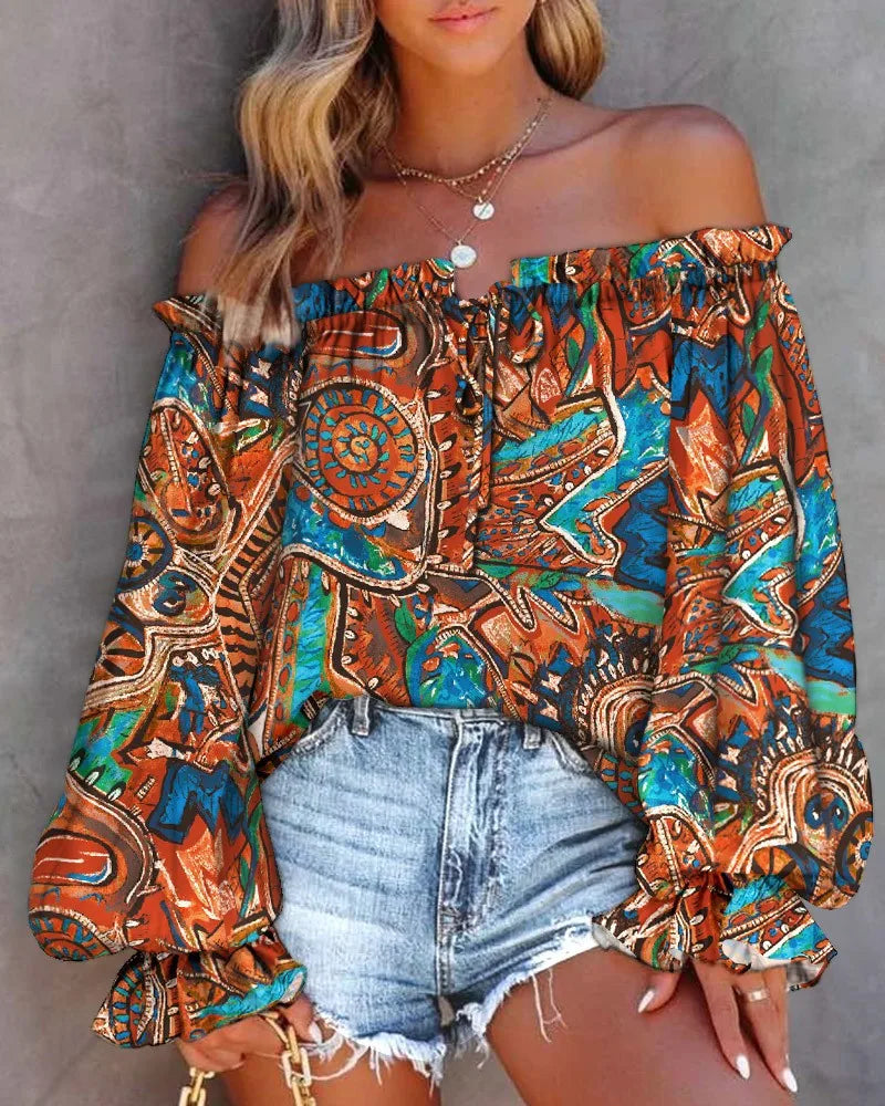 Sexy Slash Neck Off The Shoulder Strapless Lace Up Long Sleeve Floral Print Blouse Tops Summer Lady OL Workwear Blouse Shirts-Style Heaven