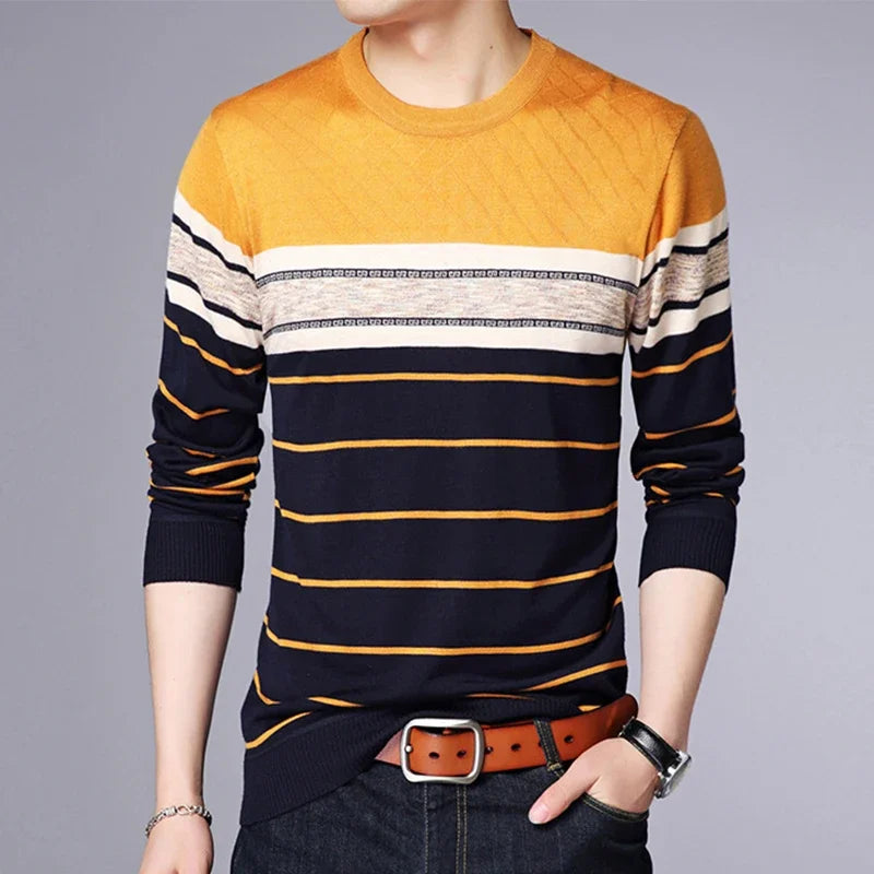 Men's Casual Striped Knit Spring and Autumn Long Sleeved Pullover Fashion Top-Style Heaven