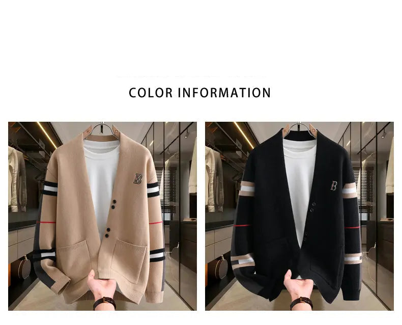 Autumn Winter Men's Sweaters Luxury Color Blocked Striped Jacquard Knit Cardigan Warm Keep Warm Thickened Knitted Coat Tops-Style Heaven