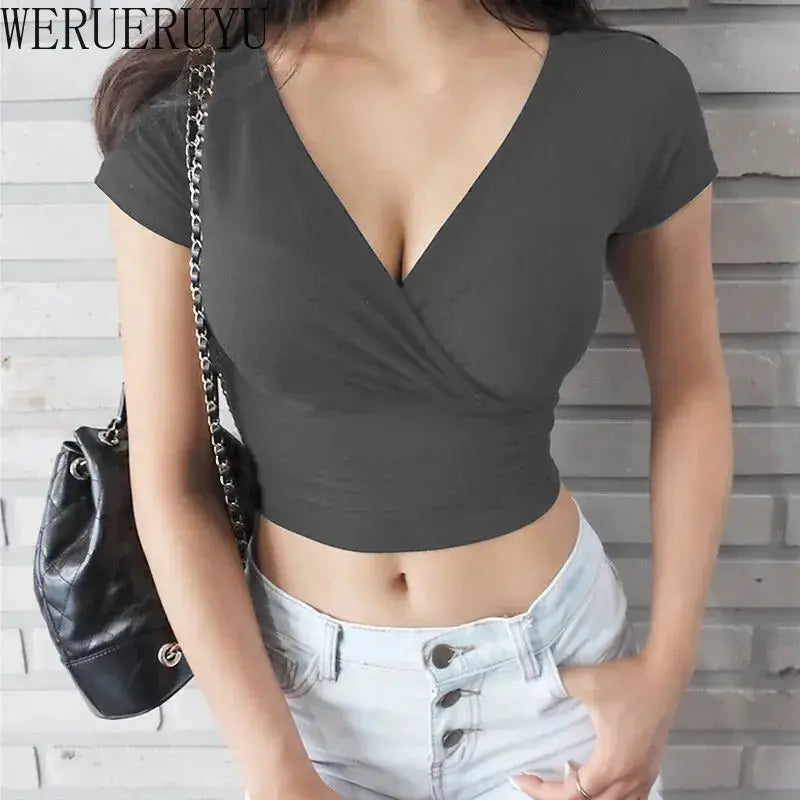 New Summer Black Sexy V-neck T-shirt Short Sleeve Y2k Crop Top Women Clothes Streetwear Korean Fashion Corset Tops T-shirts-Style Heaven