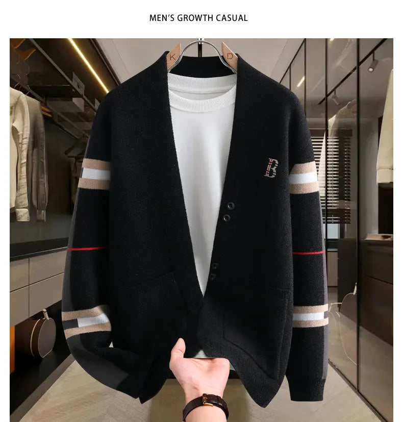 Autumn Winter Men's Sweaters Luxury Color Blocked Striped Jacquard Knit Cardigan Warm Keep Warm Thickened Knitted Coat Tops-Style Heaven