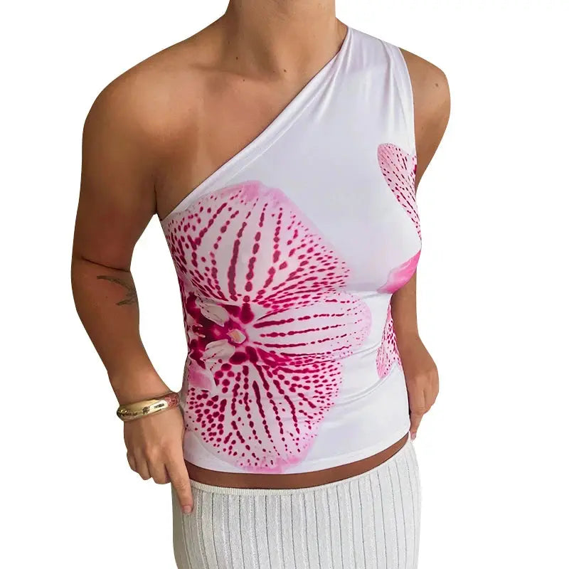 Floral Print Fitted Tops Women Resort Wear Graphic Tees Summer Casual One Shoulder Slash Backless Tank Top-Style Heaven