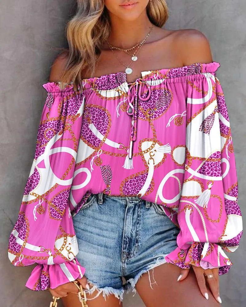 Sexy Slash Neck Off The Shoulder Strapless Lace Up Long Sleeve Floral Print Blouse Tops Summer Lady OL Workwear Blouse Shirts-Style Heaven