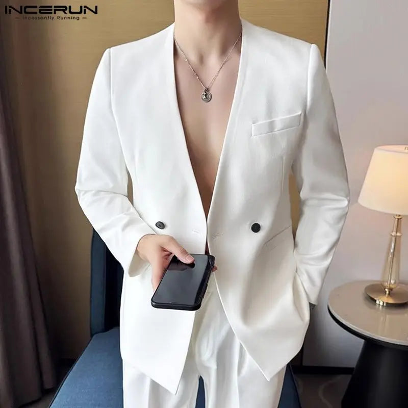 Men Sexy Solid Color Tops Casual Long Sleeve Blazer Bottun Pocket Elegant Suits Korean Fashion V-neck Coats S-5XL - Fashion Apparel in ##color## by Style Heaven | High-Quality & Trendy Fashion