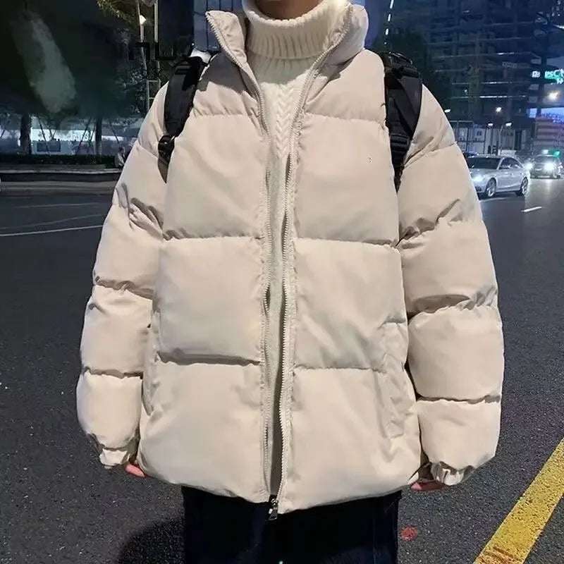 Outerwear - Men's Thickened Cotton Coat Winter Warm Loose-Fit Stand Collar Jacket Casual Style Bread Clip Warm Cotton-Padded Parkas