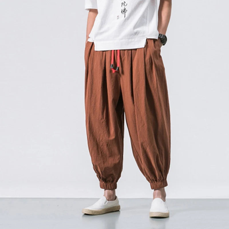 Cotton Linen Harem Pants Men Solid Elastic Waist Streetwear Joggers New Baggy Drop-crotch Pants Casual Trousers Men-Style Heaven