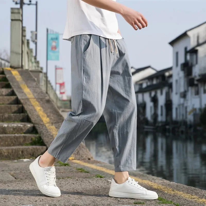 New Style Men's Cotton Linen Pants Summer Thin Loose Fit Bell Bottoms Casual Pants Simple Cropped Pants For Men - Clothing in ##color## by Style Heaven | High-Quality & Trendy Fashion