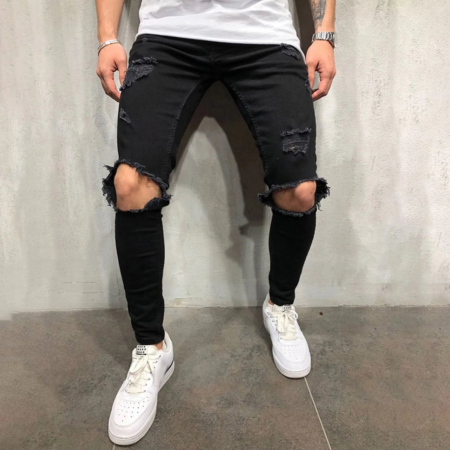 Men Pants Comfortable Jeans Slim Fit Small Feet Scratched Denim Ripped Jeans Streetwear Baggy Jeans Y2k Punk Long Trousers-Style Heaven