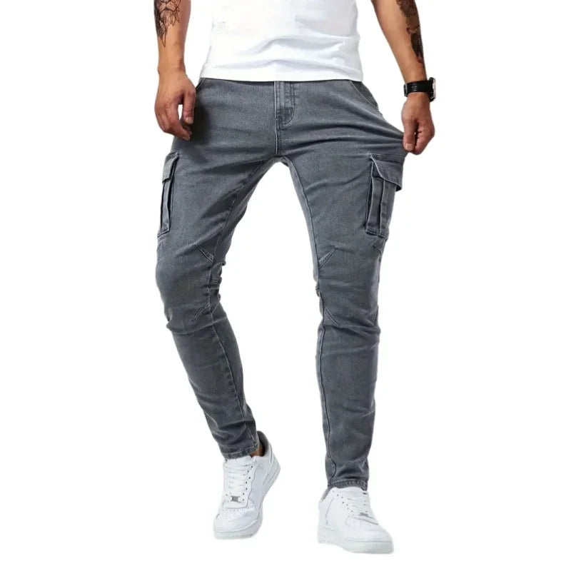 Men Elastic Skinny Jeans Soild Denim Pants Slim Fit Casual Jeans Multi Pocket Cargo Pants Fashion Casual Trousers Man Clothing-Style Heaven