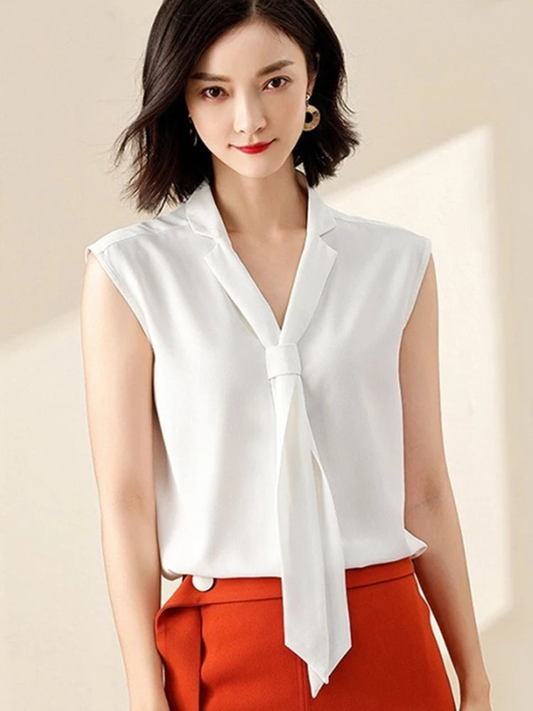 Summer Fashion Women Blouse Sleeveless V Neck Chiffon Shirt elegant office Ladies White shirt Plus Size Female Clothes-Style Heaven