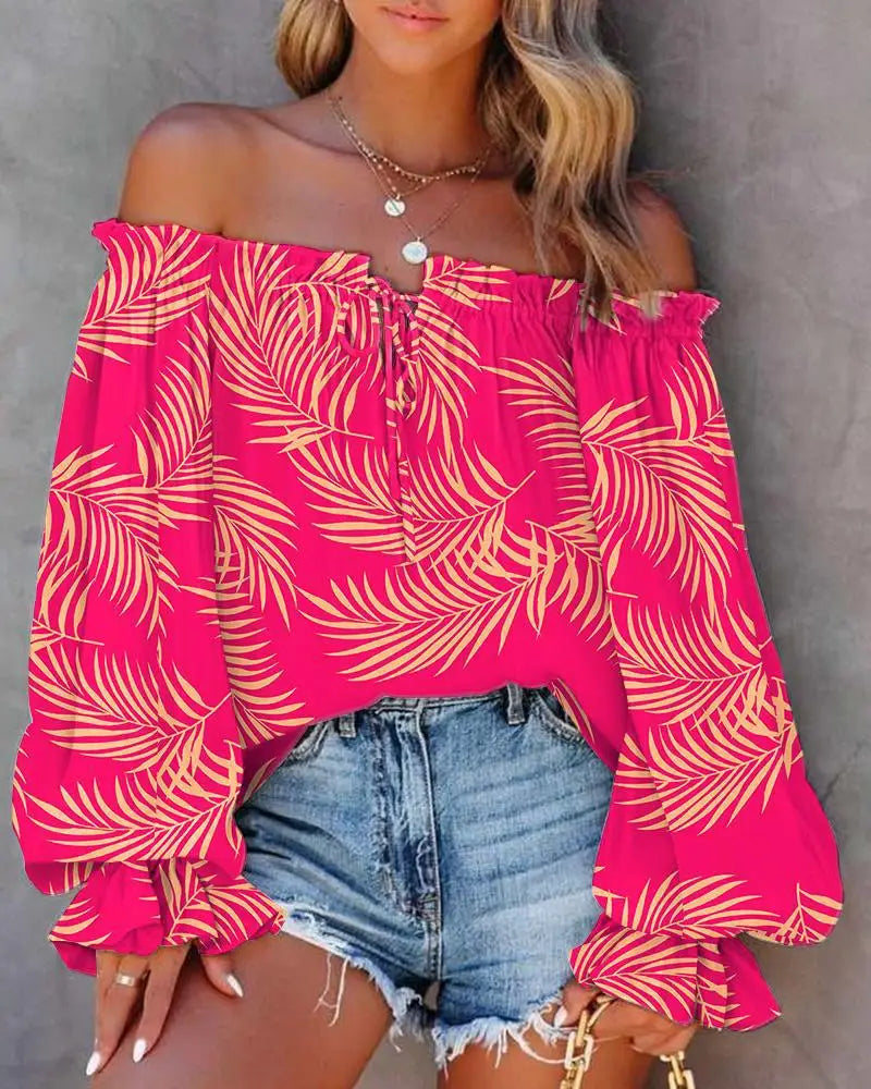 Sexy Slash Neck Off The Shoulder Strapless Lace Up Long Sleeve Floral Print Blouse Tops Summer Lady OL Workwear Blouse Shirts-Style Heaven