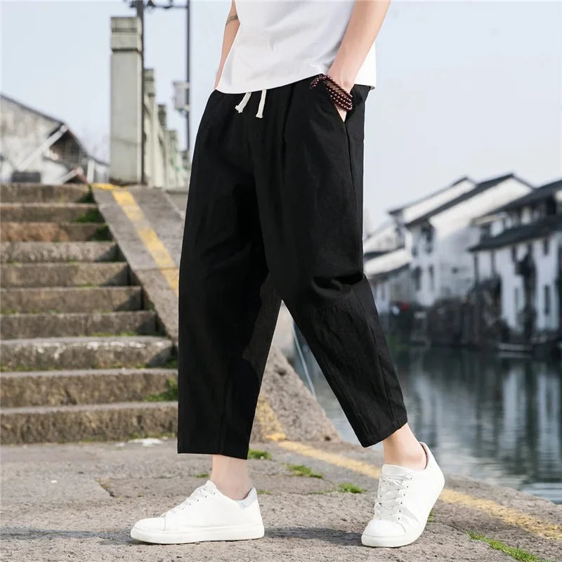 New Style Men's Cotton Linen Pants Summer Thin Loose Fit Bell Bottoms Casual Pants Simple Cropped Pants For Men - Clothing in ##color## by Style Heaven | High-Quality & Trendy Fashion