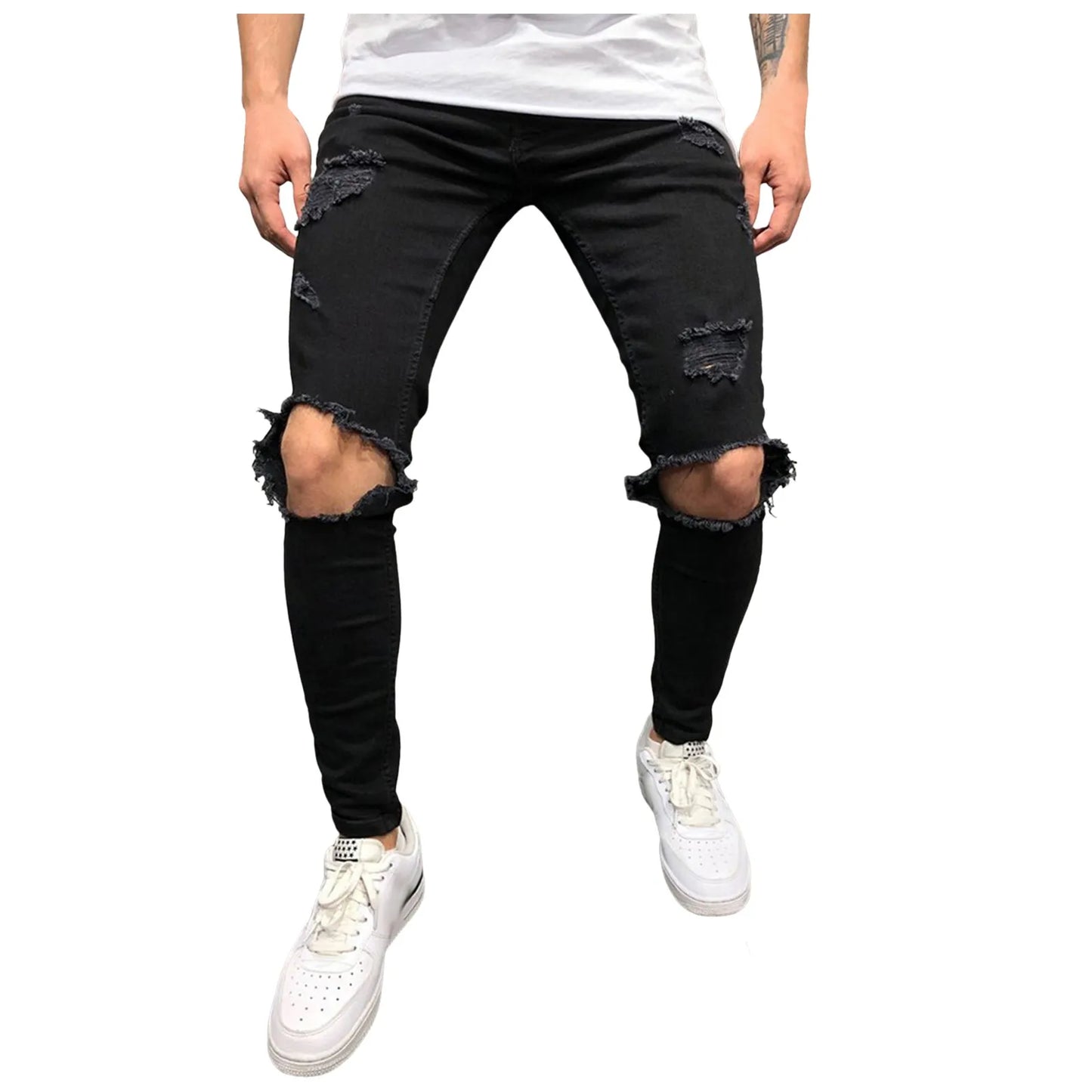 Men Pants Comfortable Jeans Slim Fit Small Feet Scratched Denim Ripped Jeans Streetwear Baggy Jeans Y2k Punk Long Trousers-Style Heaven