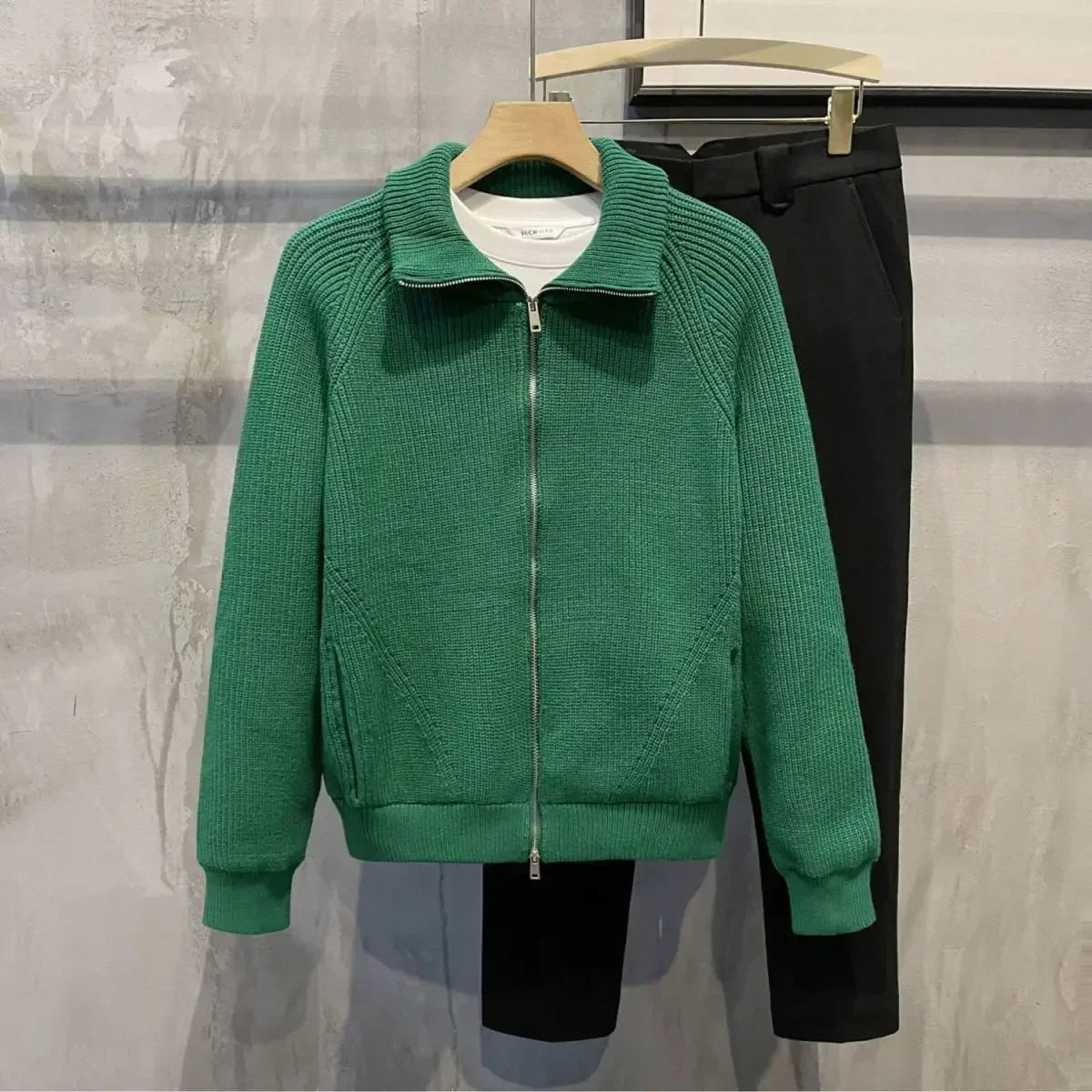 Men's Clothing Zip-up Jacket Knit Sweater Male Zipper Plain Green Solid Color Cardigan with Pockets Coat 2024 Trend Loose Fit V-Style Heaven