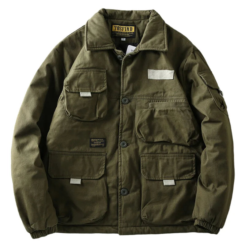 Retro Japanese Sle Men's Thickened Washed Cotton Work Jacket Loose Fit Multi-Pocket Military Sle Outerwear Coat-Style Heaven