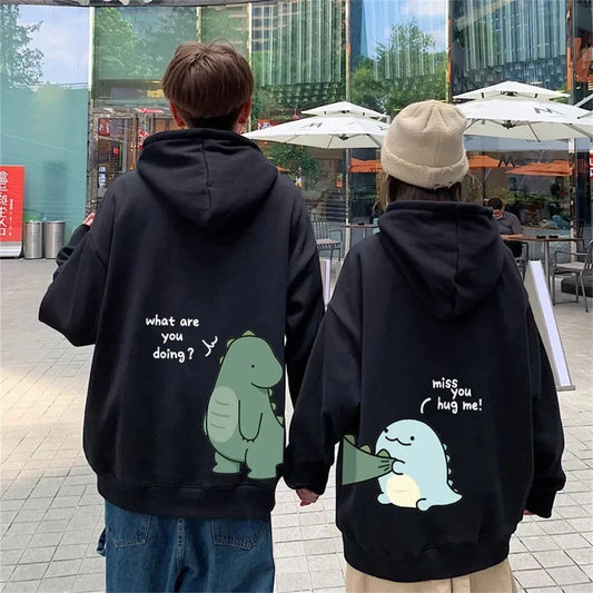 Spring and Autumn Couples Hooded Hoodie Fun Dinosaur Print Hooded Long Sleeved Sweatshirt Unisex Top Y2K Clothes-Style Heaven