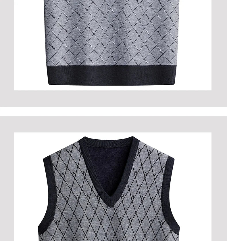 Men‘s V-neck Sweater Vest Autumn Winter Fleece Lining Knit Waistcoat Warm Homme Clothes Fashion Pullover-Style Heaven