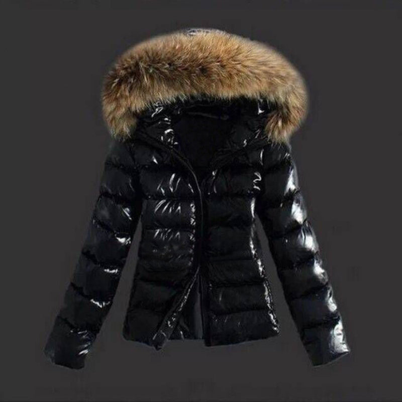 New Women's Winter Fashion Casual Slim Cotton Jacket Faux Fur Collar and Hooded  Warm Jacket Coat Hooded Pu Leather Zipper-Style Heaven