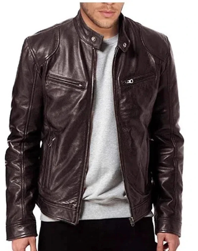 Fall and Winter Men's Leather Jacket Men's Stand-up Collar Jacket Zipper Biker Leather Jacket Casual Slim Leather Jacket-Style Heaven