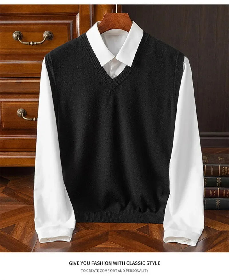 Cashmere Knitted Sweater Vest Men's Clothing V-neck Solid Color Pullover Camisole Bottom Spring Autumn Tops-Style Heaven