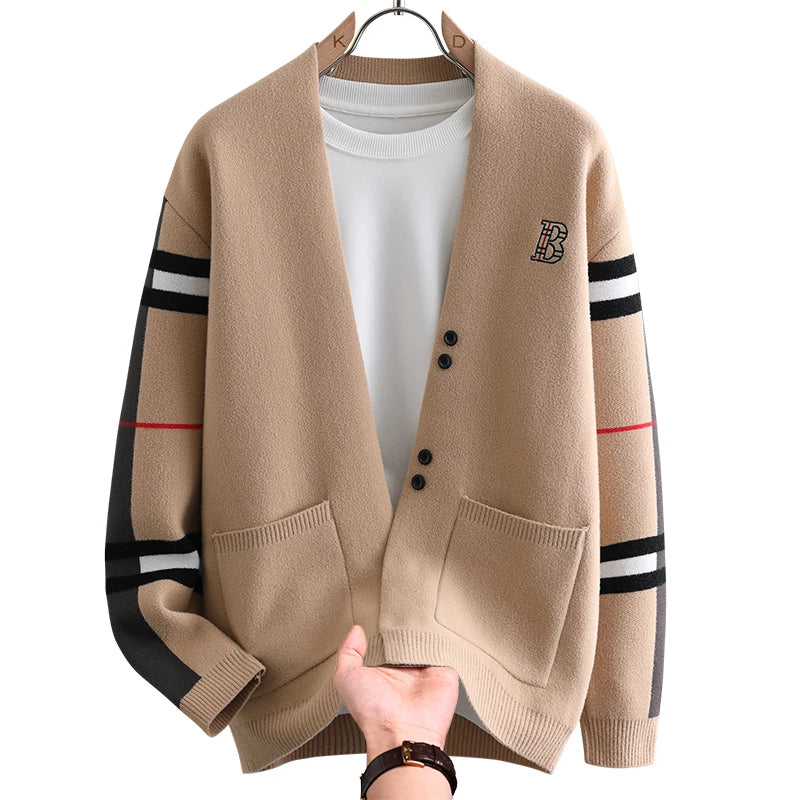 Autumn Winter Men's Sweaters Luxury Color Blocked Striped Jacquard Knit Cardigan Warm Keep Warm Thickened Knitted Coat Tops-Style Heaven