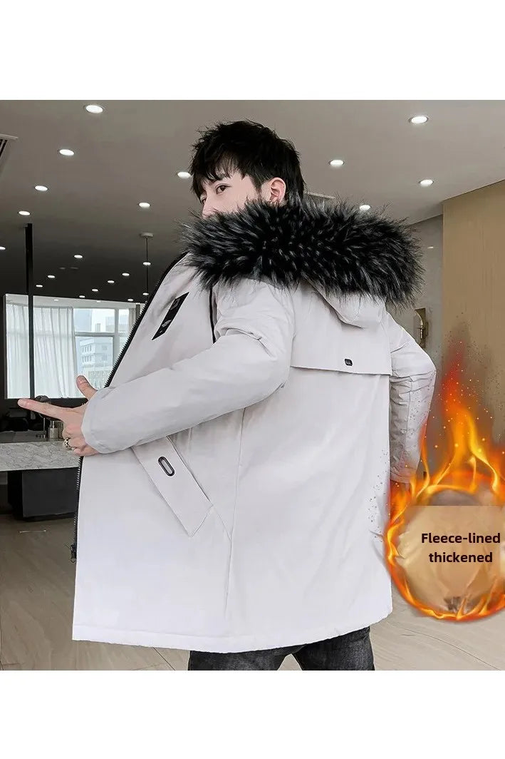 New Men's Medium-Length Thickened Cotton Jacket With Hoodie Warm Anti-Cold Loose Fit From China Mainland For All Seasons-Style Heaven