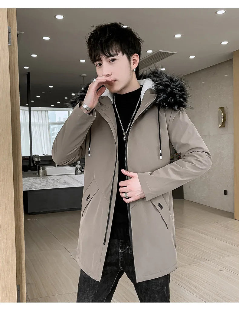 New Men's Medium-Length Thickened Cotton Jacket With Hoodie Warm Anti-Cold Loose Fit From China Mainland For All Seasons-Style Heaven