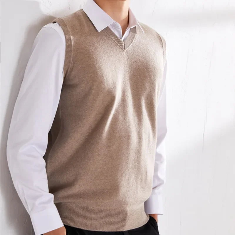 Cashmere Knitted Sweater Vest Men's Clothing V-neck Solid Color Pullover Camisole Bottom Spring Autumn Tops-Style Heaven