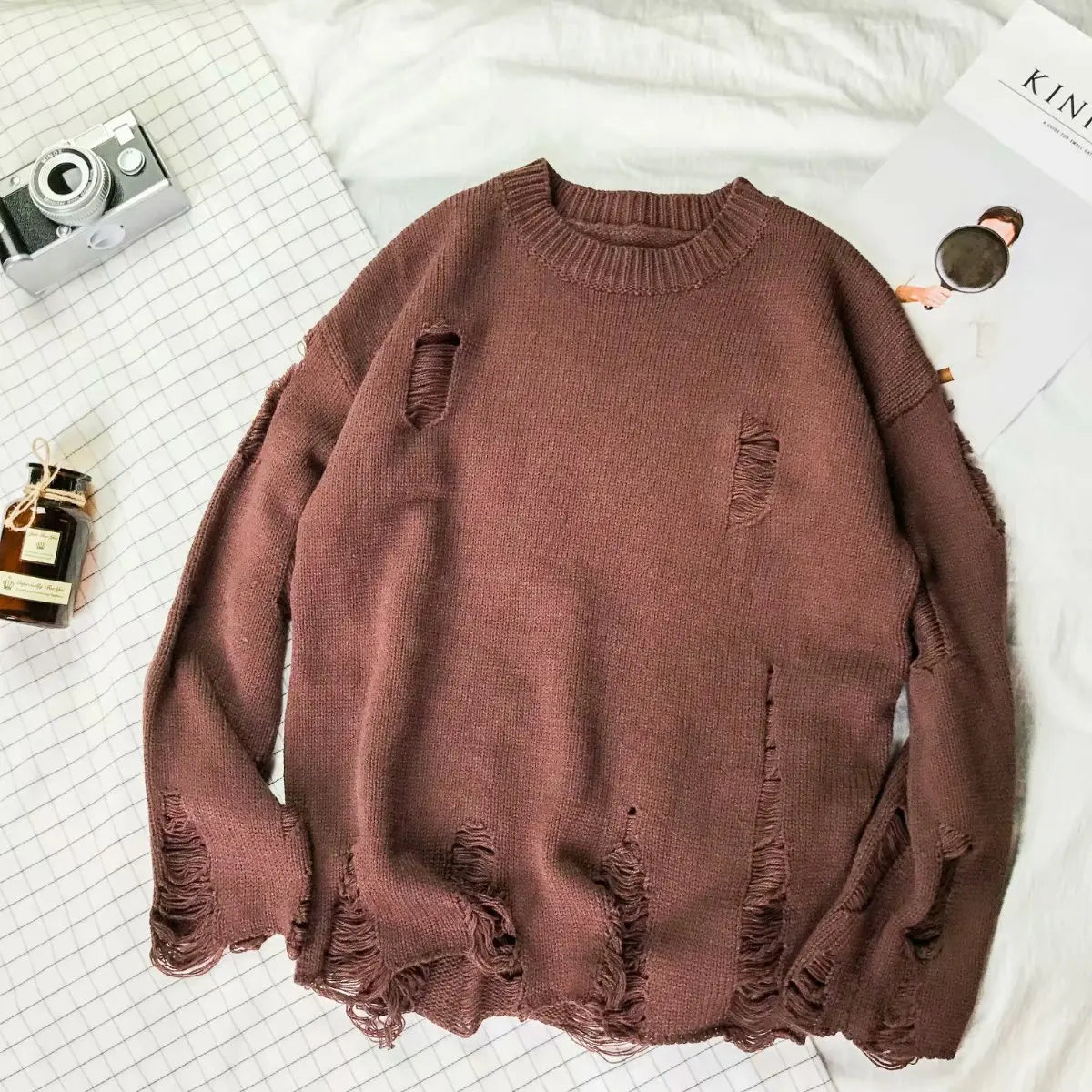 Men Women Streetwear Hip Hop Pullovers Jumper Fashion Oversized All-match Men Spring Wash Hole Ripped Knit Sweaters-Style Heaven