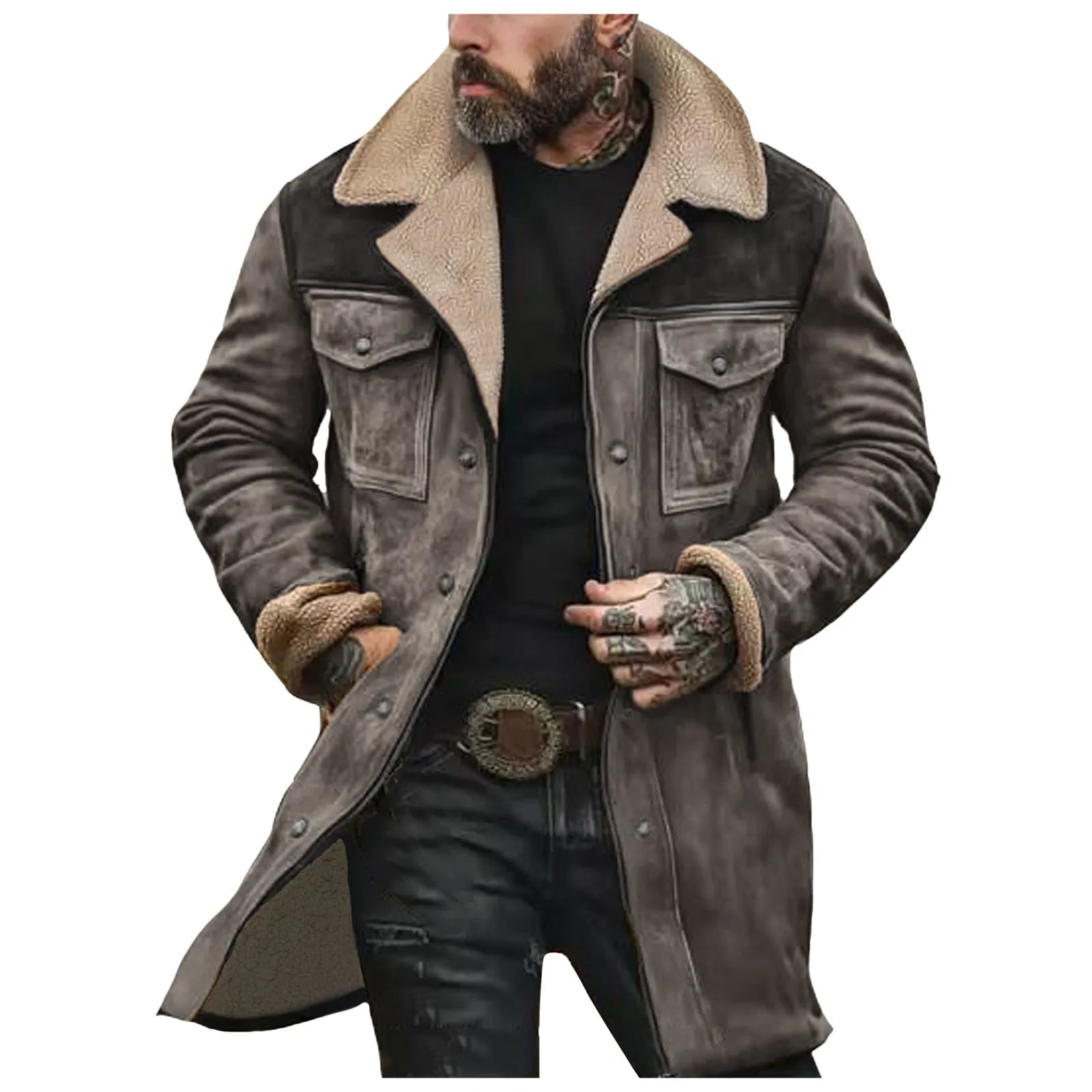 Mens Winter Warm Fleece Jackets Medium Long Jacket With Pockets Vintage Casual Street Jacket Overcoat Male Outerwear Tops-Style Heaven