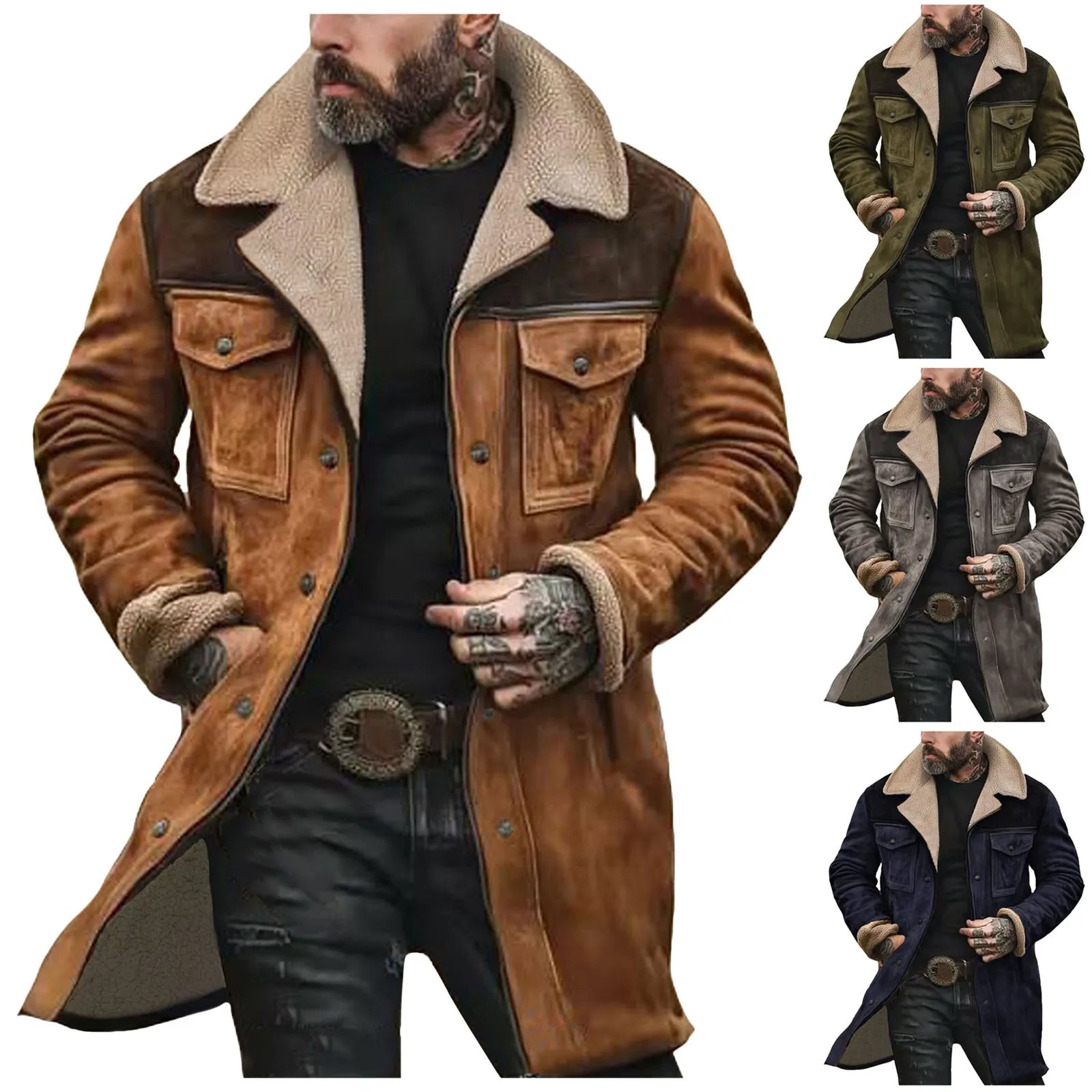 Mens Winter Warm Fleece Jackets Medium Long Jacket With Pockets Vintage Casual Street Jacket Overcoat Male Outerwear Tops-Style Heaven