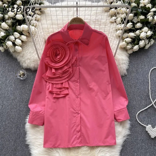 Neploe Vintage 3d Flower Mid-length Shirts Women 2025 Autumn New Lapel Neck Blouses Y2k Long Sleeve Fairycore Blusas Mujer-Style Heaven