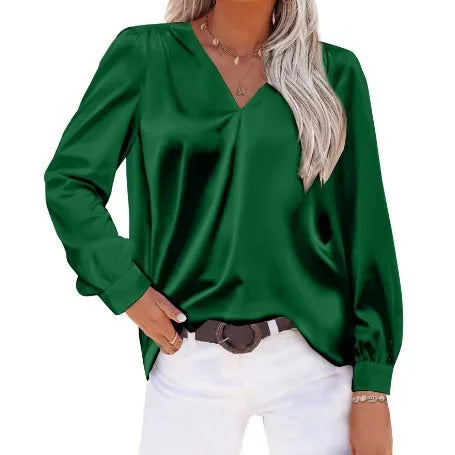 Elegant Women's Satin Imitation Silk Long Sleeve Shirt Autumn/Winter Solid Office Lady Lapel Button Blouse Women Clothing S-XXL-Style Heaven