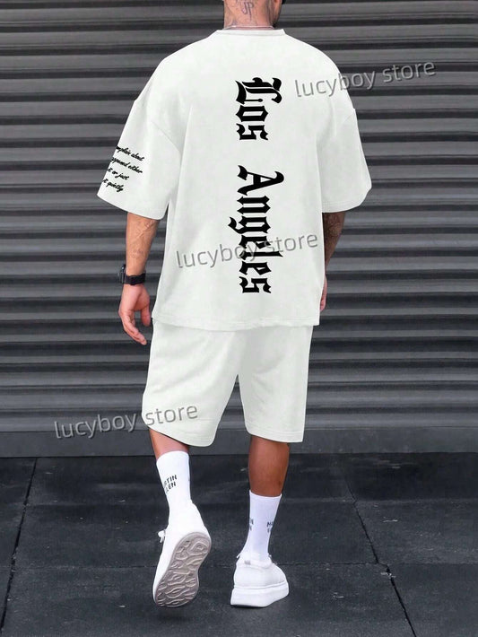 Clothing - Letter Printed Sport T-shirt+shorts Suit Set Men Male American High Luxury Tracksuit Outfit Summer Oversized 2 Piece Set Clothes