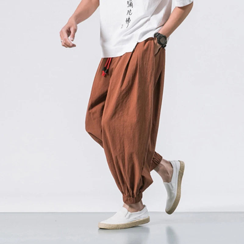 Cotton Linen Harem Pants Men Solid Elastic Waist Streetwear Joggers New Baggy Drop-crotch Pants Casual Trousers Men-Style Heaven