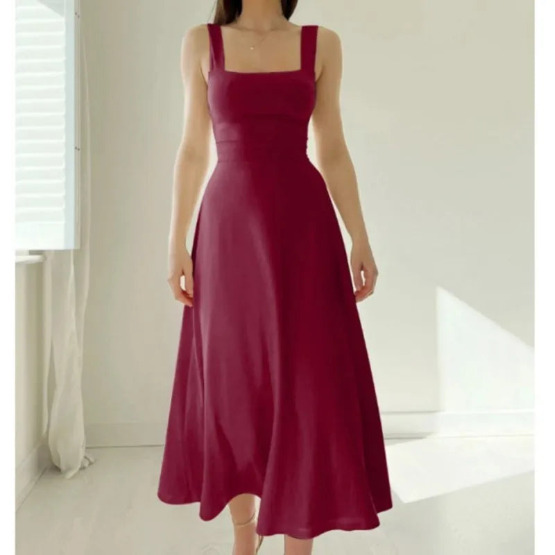 2025 Women Summer Dress Square Collar New Thick Shoulder Straps Slim Waist Dresses Solid Temperament Elegant Female Vestidos-Style Heaven