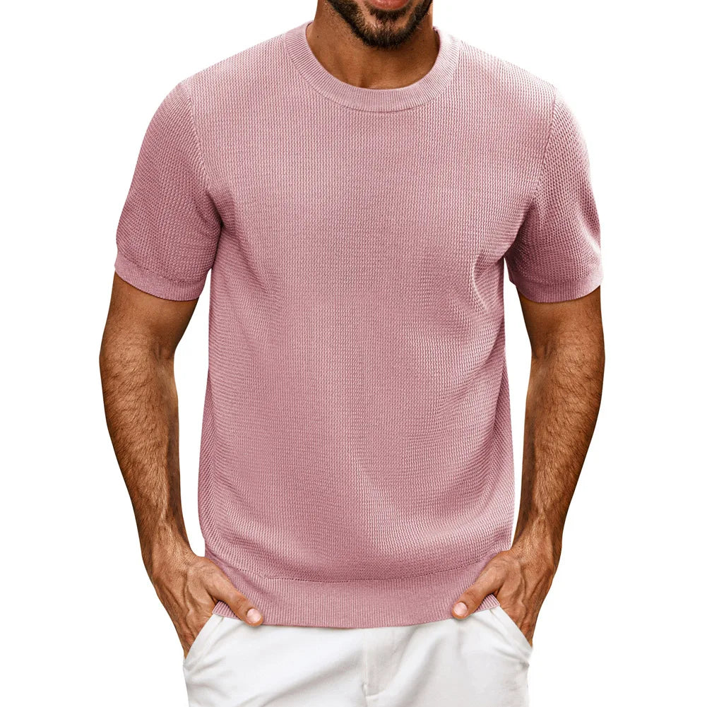 PJ Men Gentleman Basic Textured Knitted T-Shirt Short Sleeve Crew Neck Tops Knitwear High Stretch Fashion - Clothing Tops in ##color## by Style Heaven | High-Quality & Trendy Fashion