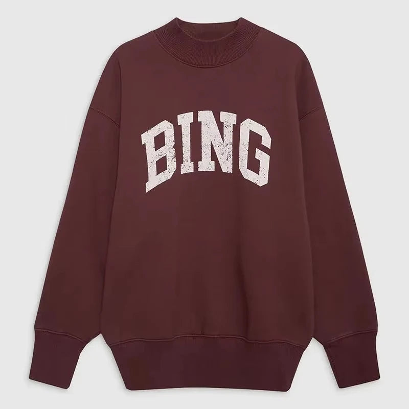 New Arrival Women's Loose Hoodie with Classic BING Printed Letters, Warm Fleece Lining and High Neck for Winter-Style Heaven