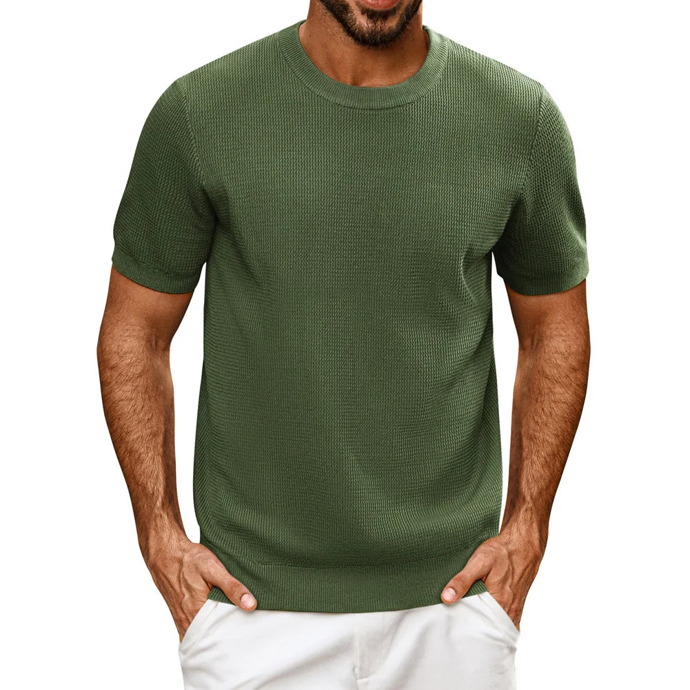 PJ Men Gentleman Basic Textured Knitted T-Shirt Short Sleeve Crew Neck Tops Knitwear High Stretch Fashion - Clothing Tops in ##color## by Style Heaven | High-Quality & Trendy Fashion