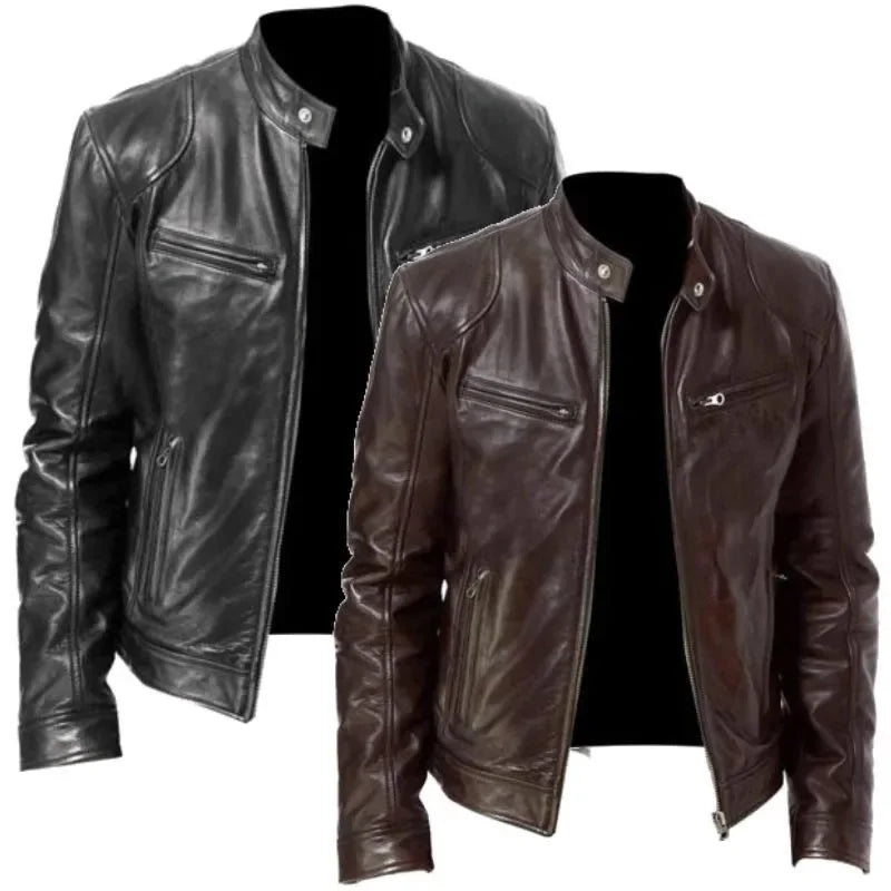 Fall and Winter Men's Leather Jacket Men's Stand-up Collar Jacket Zipper Biker Leather Jacket Casual Slim Leather Jacket-Style Heaven