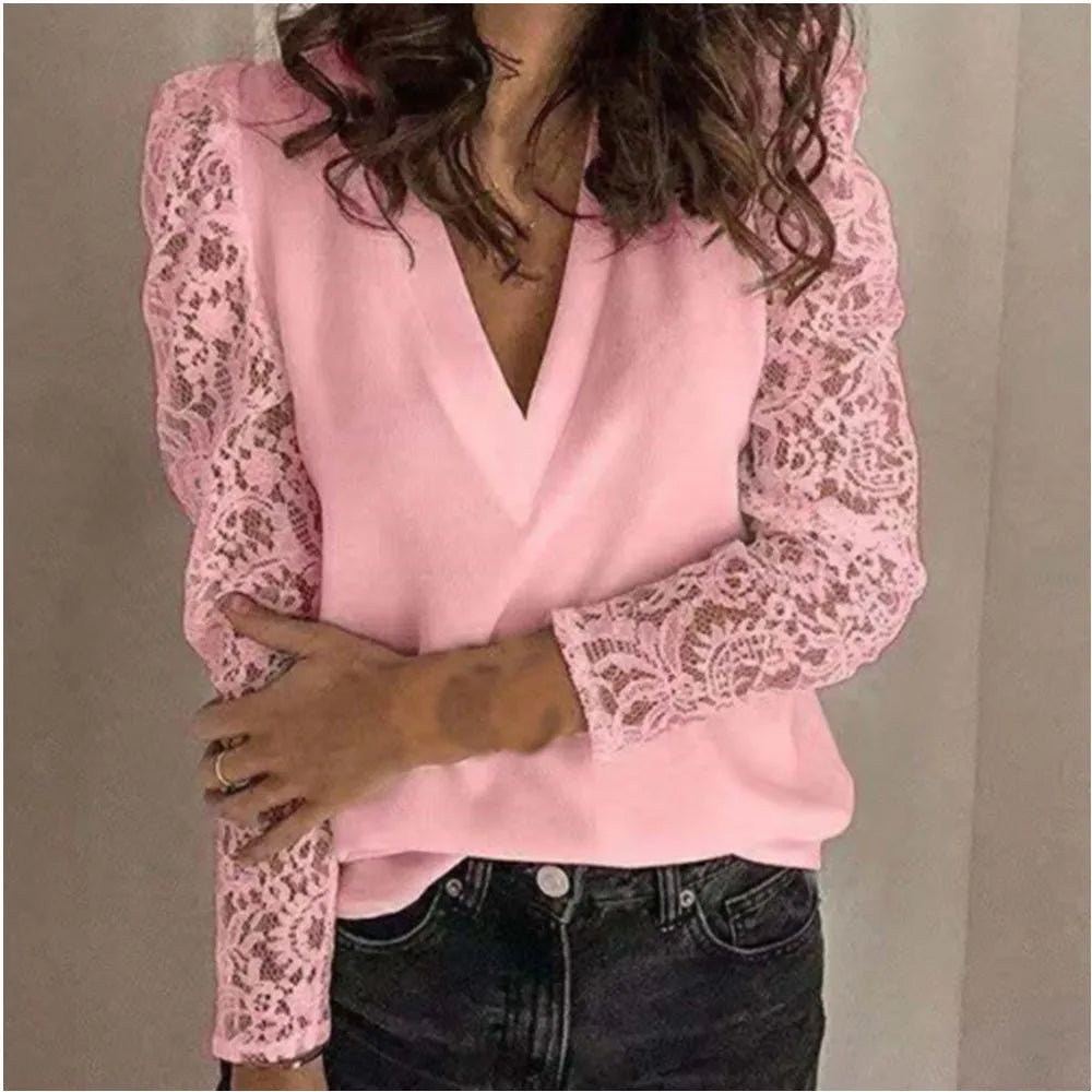 Spring/Summer New V-neck Commuter Shirt Spliced with Lace Solid Casual Long Sleeve Slim Fit Bottom for Women's Wear-Style Heaven