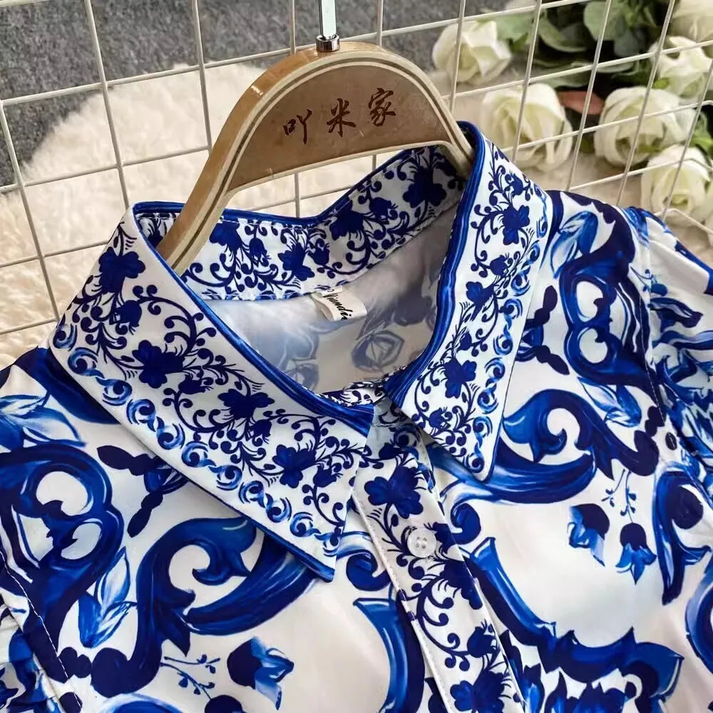 2025 Summer Blue White Porcelain Print Long Dress Shirt Women Single Breasted Flying Sleeve Elegant Floral Party Maxi Vestidos-Style Heaven