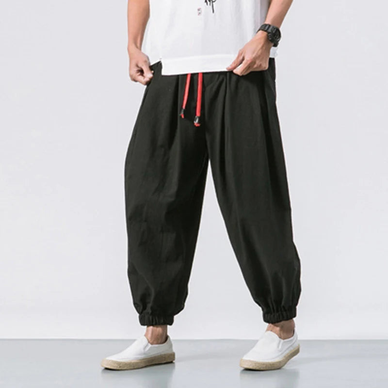 Cotton Linen Harem Pants Men Solid Elastic Waist Streetwear Joggers New Baggy Drop-crotch Pants Casual Trousers Men-Style Heaven