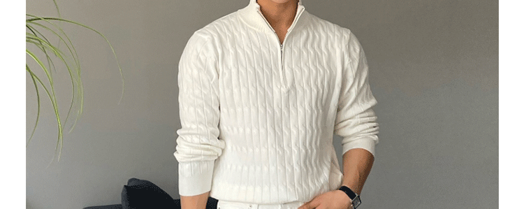 High-Neck Zipper Men's Knitted Sweater Long Sleeve Fashionable White Outerwear Casual Lazy Sle All-Match Spring Autumn-Style Heaven