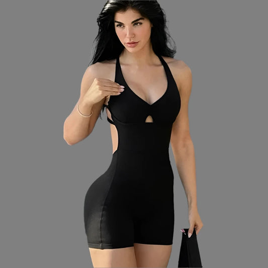 Sexy Backless Rompers Activewear Hollow Out Skinny Women Playsuit Sporty Fitness Black Romper Jogging Body-shaping 2024