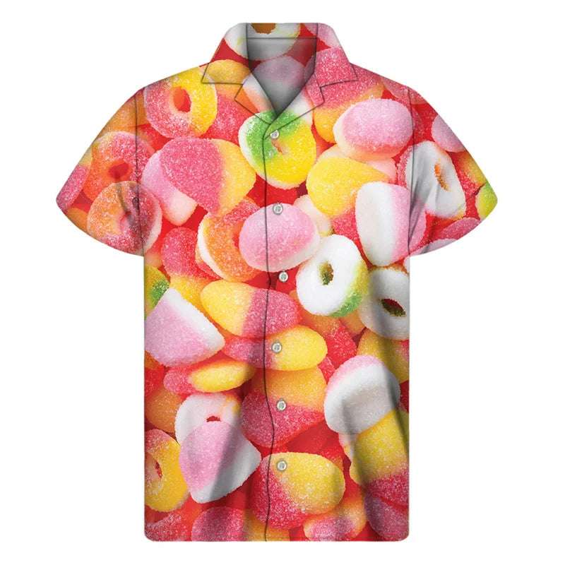 Clothing Tops - Colorful Candy Lollipop Hawaiian Shirt For Men 3D Print Fudge Lapel Shirts Fashion Short Sleeve Street Button Blouse